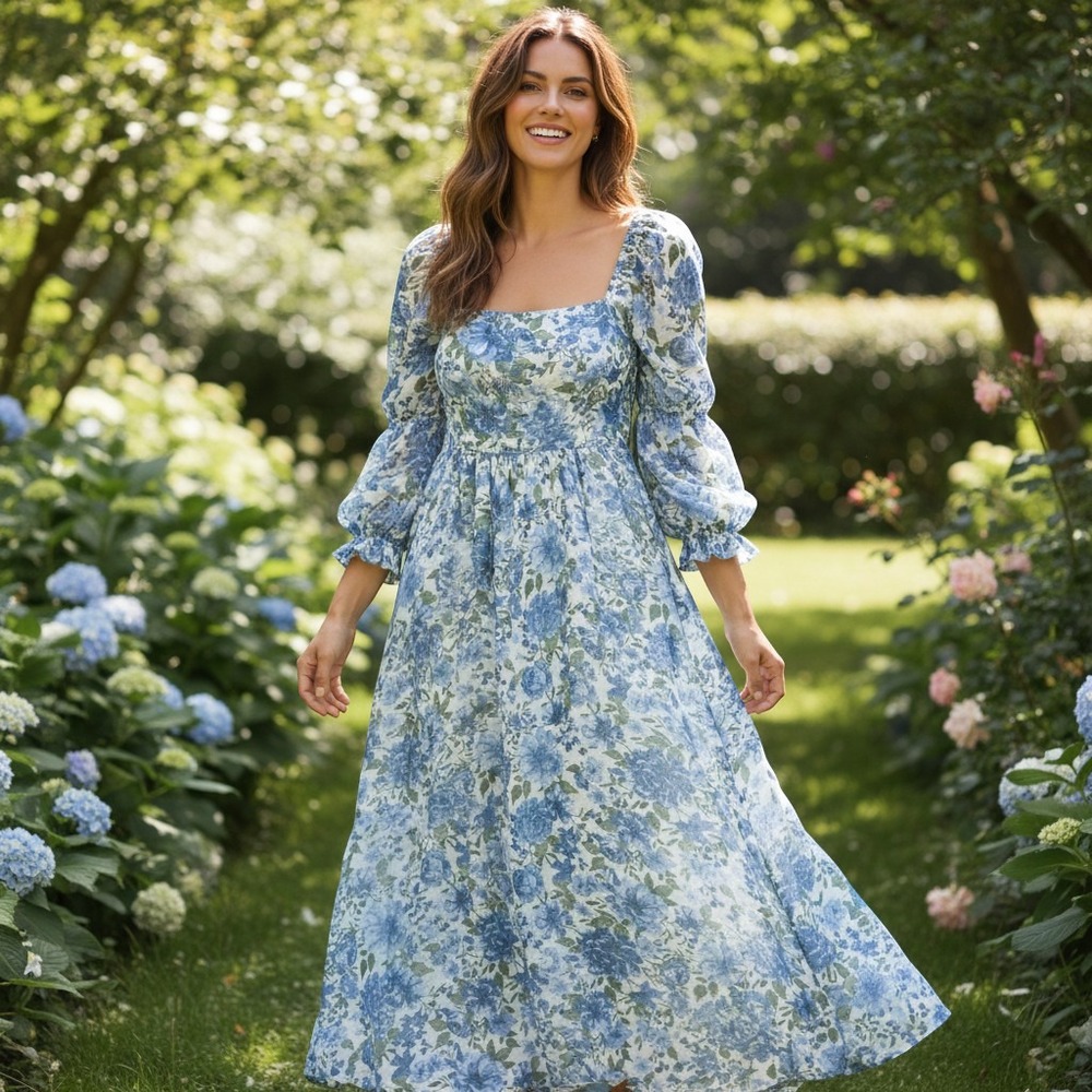 Arula Floral Maxi Dress Size 0X Blue Multi Puff Sleeve Square Neck